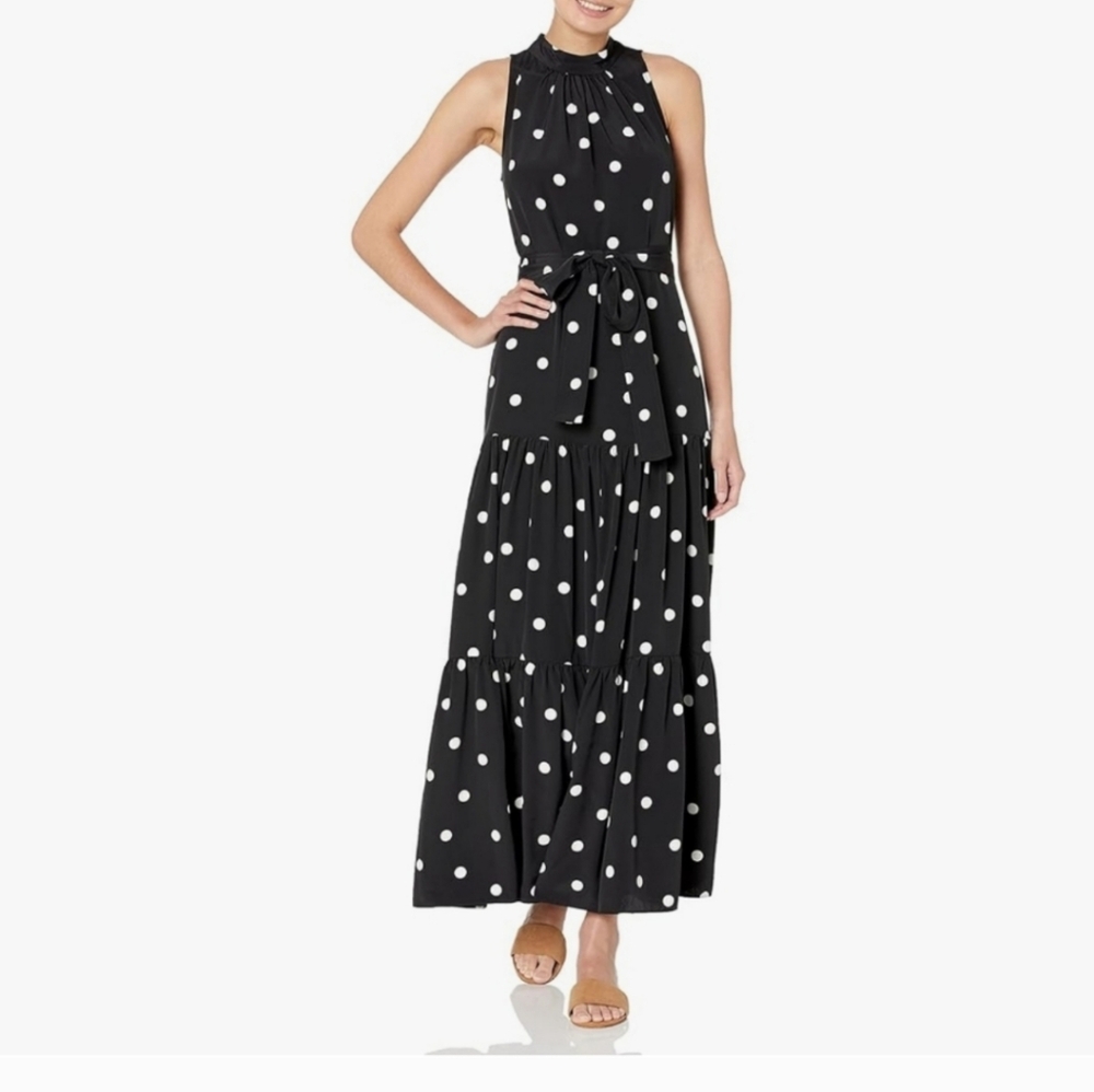 Anne Klein High Neck Black and White Polka Dot Tiered Maxi Dress Size 12